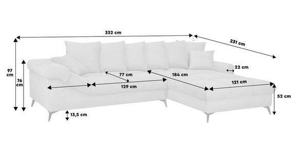ECKSOFA Hellgrau Cord Rückenkissen, Armlehnenkissen, Rücken echt  - Hellgrau/Schwarz, KONVENTIONELL, Textil/Metall (332/231cm) - Carryhome