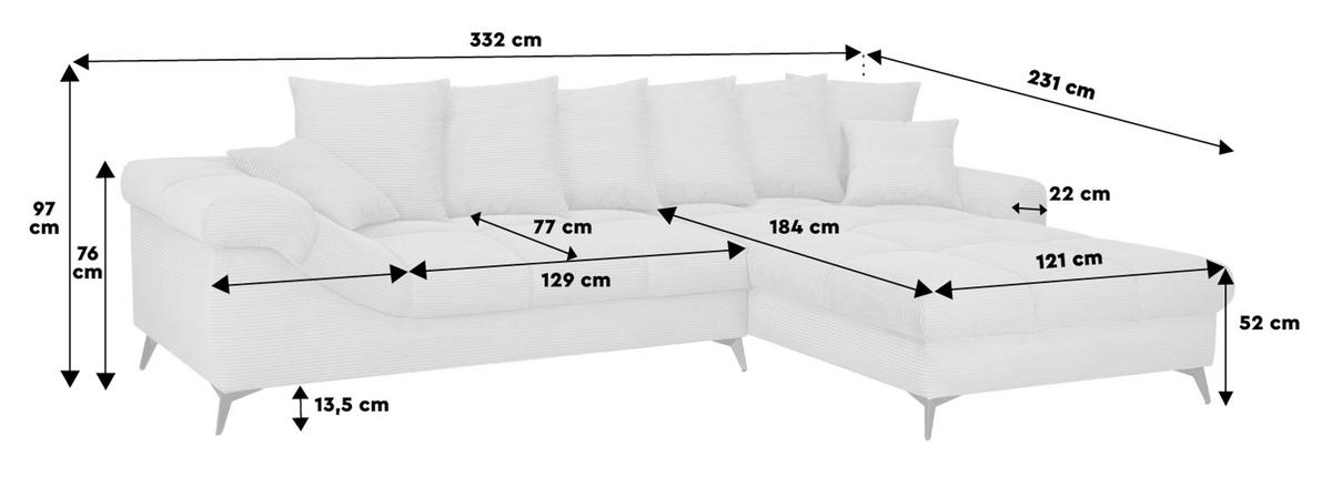 ECKSOFA Taupe Cord Rückenkissen, Armlehnenkissen, Rücken echt  - Taupe/Schwarz, KONVENTIONELL, Textil/Metall (332/231cm) - Carryhome