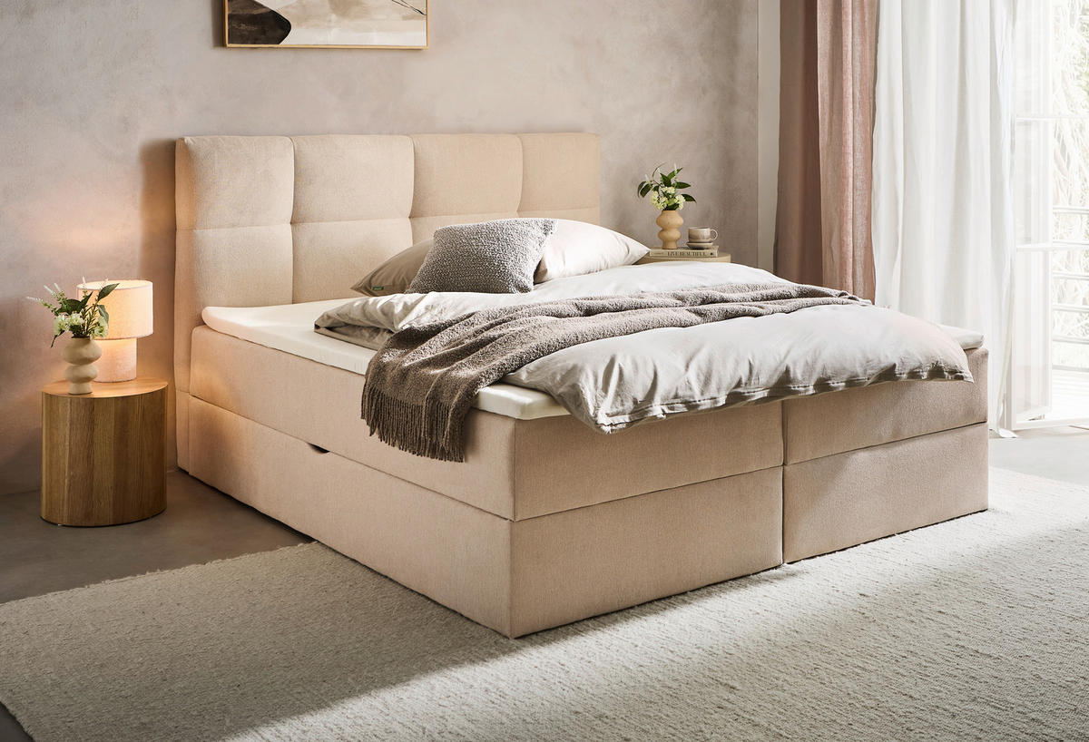 BOXBETT 140/200 cm,  in Hellbraun, Bettkasten, Topper, H3 + H3 = fest  - Hellbraun, KONVENTIONELL, Textil (140/200cm) - Boxxx