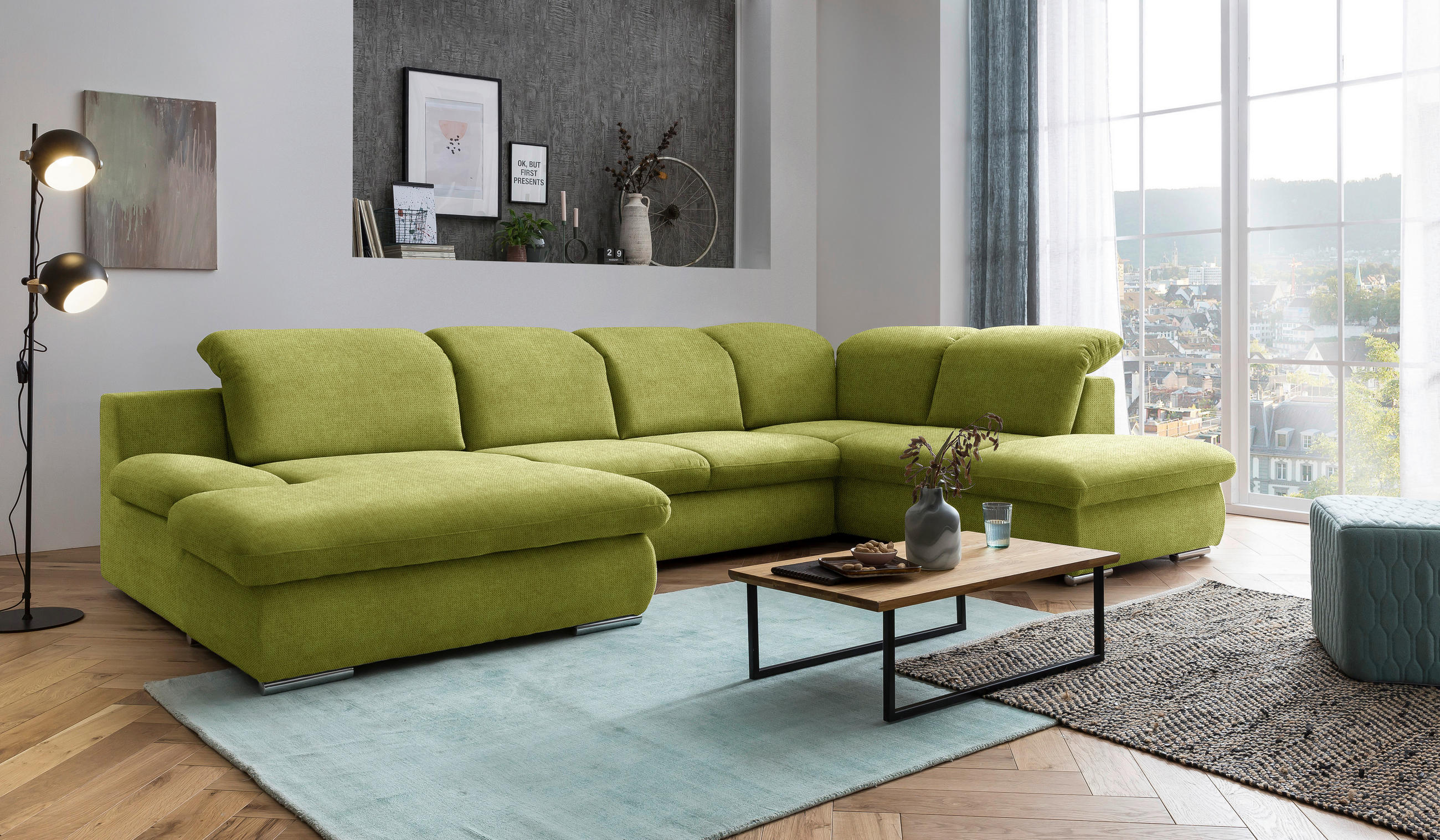 WOHNLANDSCHAFT in Chenille Grün  - Chromfarben/Grün, Design, Textil/Metall (165/353/212cm) - Livetastic