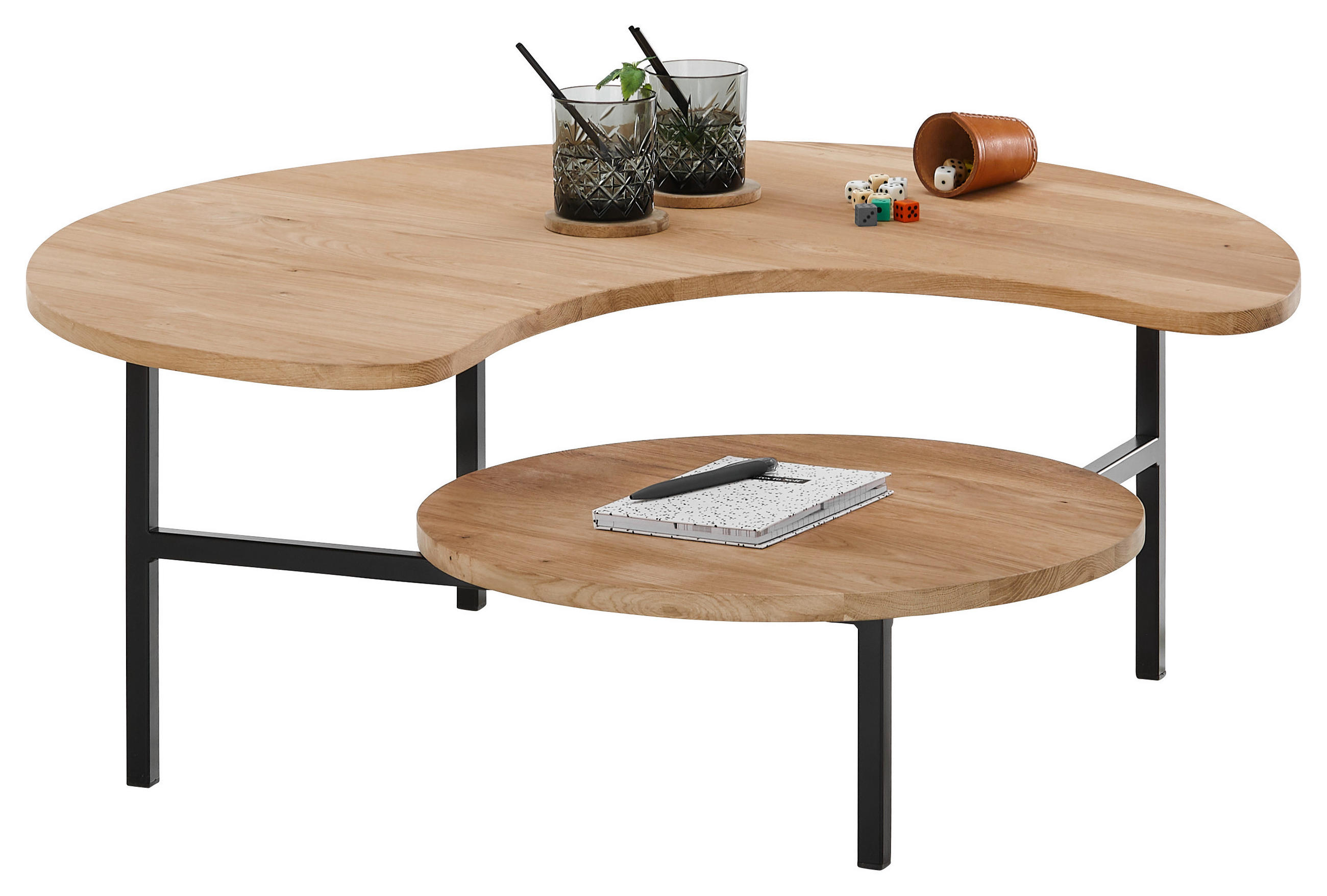 COUCHTISCH Eiche massiv 120/120/36,5 cm organisch Schwarz, Eichefarben  - Eichefarben/Schwarz, Natur, Holz/Metall (120/120/36,5cm) - SetOne by Musterring
