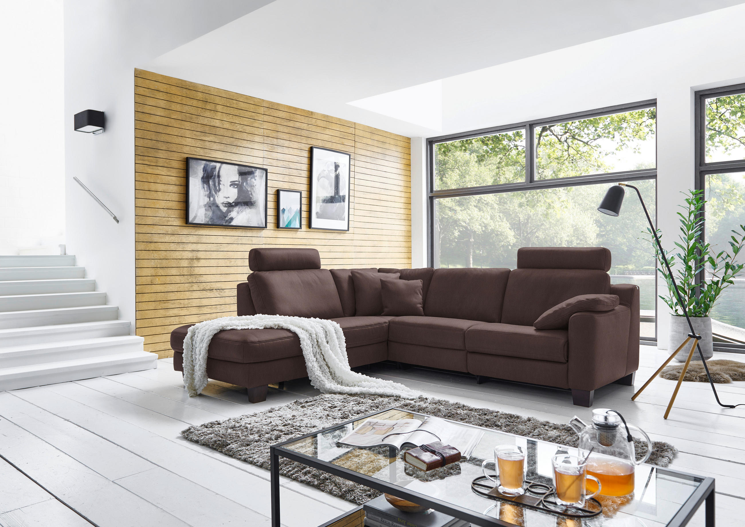 ECKSOFA in Echtleder Dunkelbraun  - Eichefarben/Dunkelbraun, Design, Leder/Holz (235/259cm) - Valdera