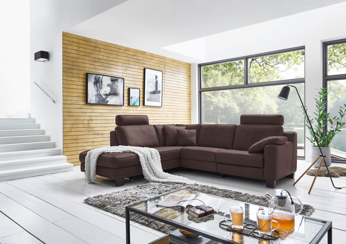 ECKSOFA in Echtleder Dunkelbraun  235/259 cm  - Eichefarben/Dunkelbraun, Design, Leder/Holz (235/259cm) - Valdera