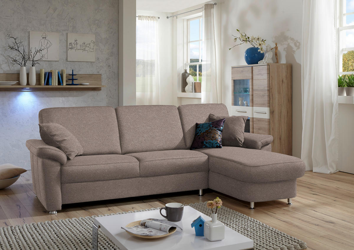 ECKSOFA in Flachgewebe Graubraun  - Chromfarben/Graubraun, Konventionell, Textil/Metall (250/163cm) - Beldomo System
