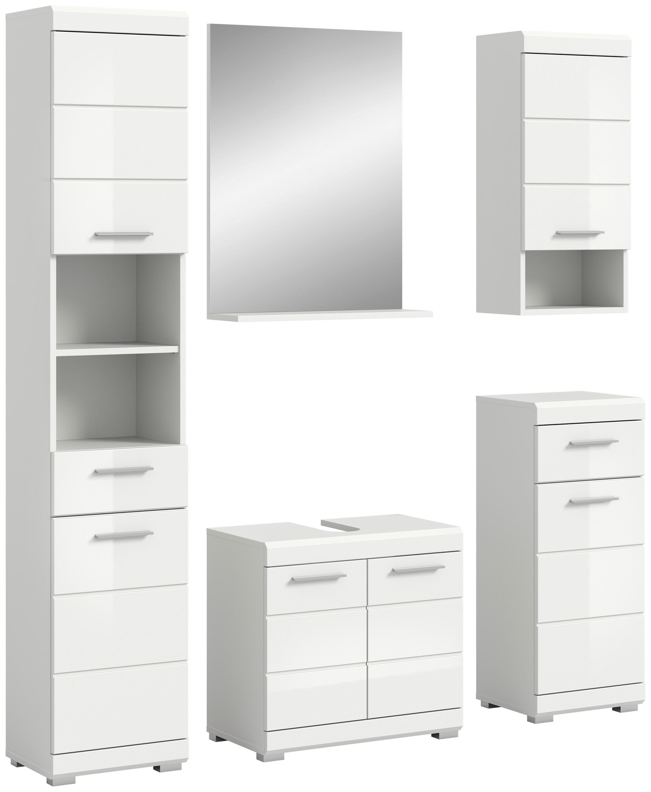BADEZIMMER 5-teilig  in 154 cm  - Weiß Hochglanz/Silberfarben, MODERN, Glas/Holzwerkstoff (154cm) - MID.YOU