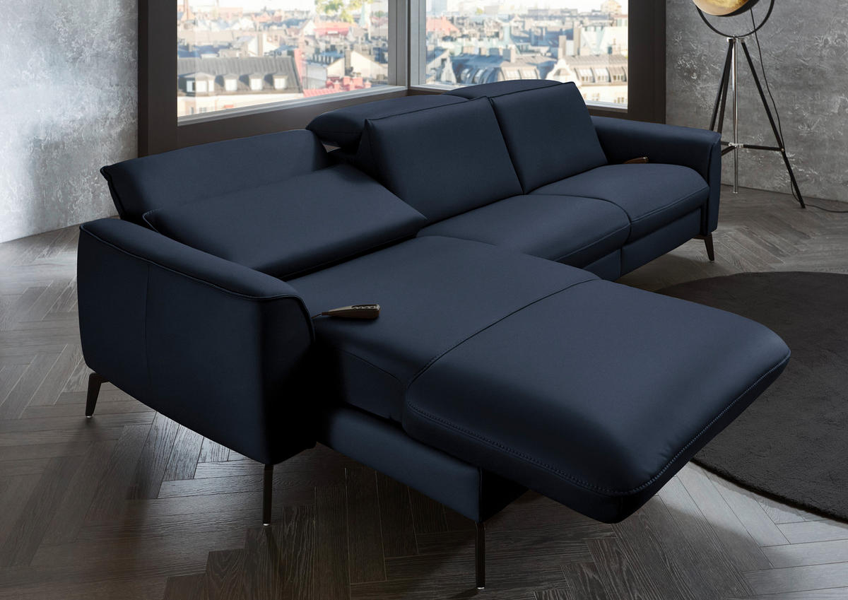 ECKSOFA in Echtleder Dunkelblau  - Schwarz/Dunkelblau, Natur, Leder/Metall (168/281cm) - Valdera