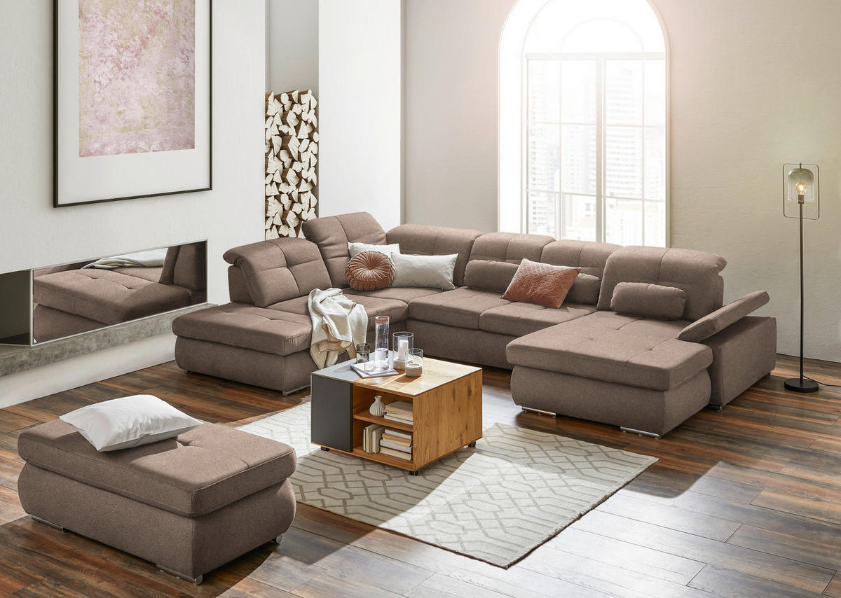 WOHNLANDSCHAFT  in Mikrofaser Sandfarben  - Sandfarben/Chromfarben, Design, Holzwerkstoff/Textil (260/371/195cm) - Beldomo Style