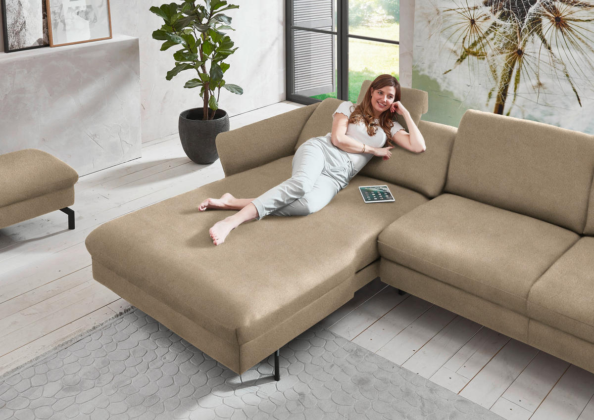 ECKSOFA in Velours Hellbraun  - Hellbraun/Schwarz, Design, Textil/Metall (179/306cm) - Beldomo System