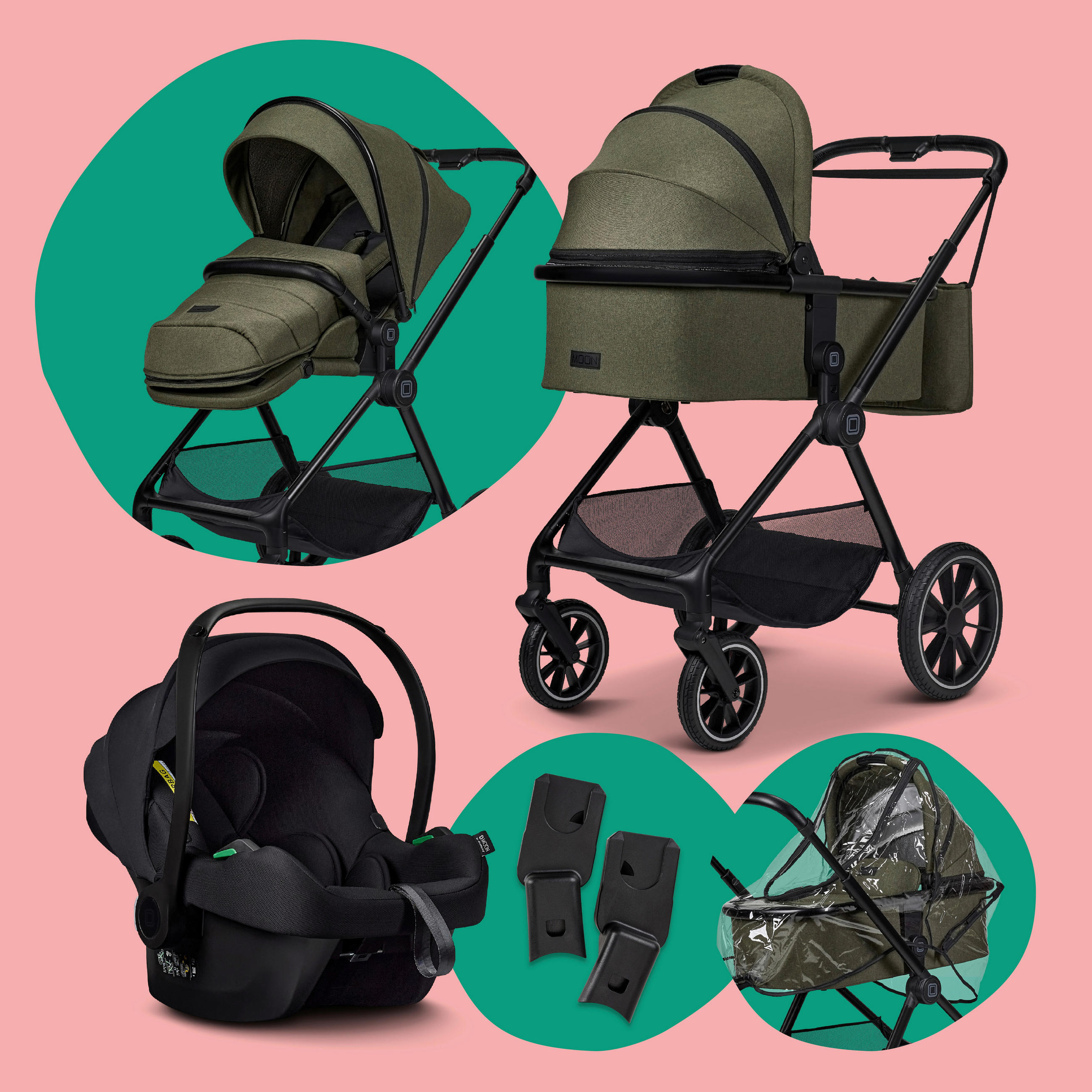 KINDERWAGENSET  Clicc Set mit Cosmo 2.0  Moss  - Schwarz/Olivgrün, Basics, Textil (84/61/114cm) - Moon
