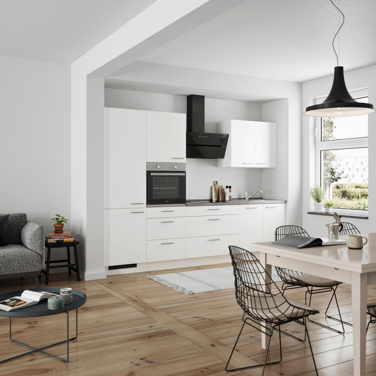 BUCĂTĂRIE FĂRĂ ELECTROCASNICE  - alb/culoare inox, Modern, metal/material pe bază de lemn (300cm) - Nobilia