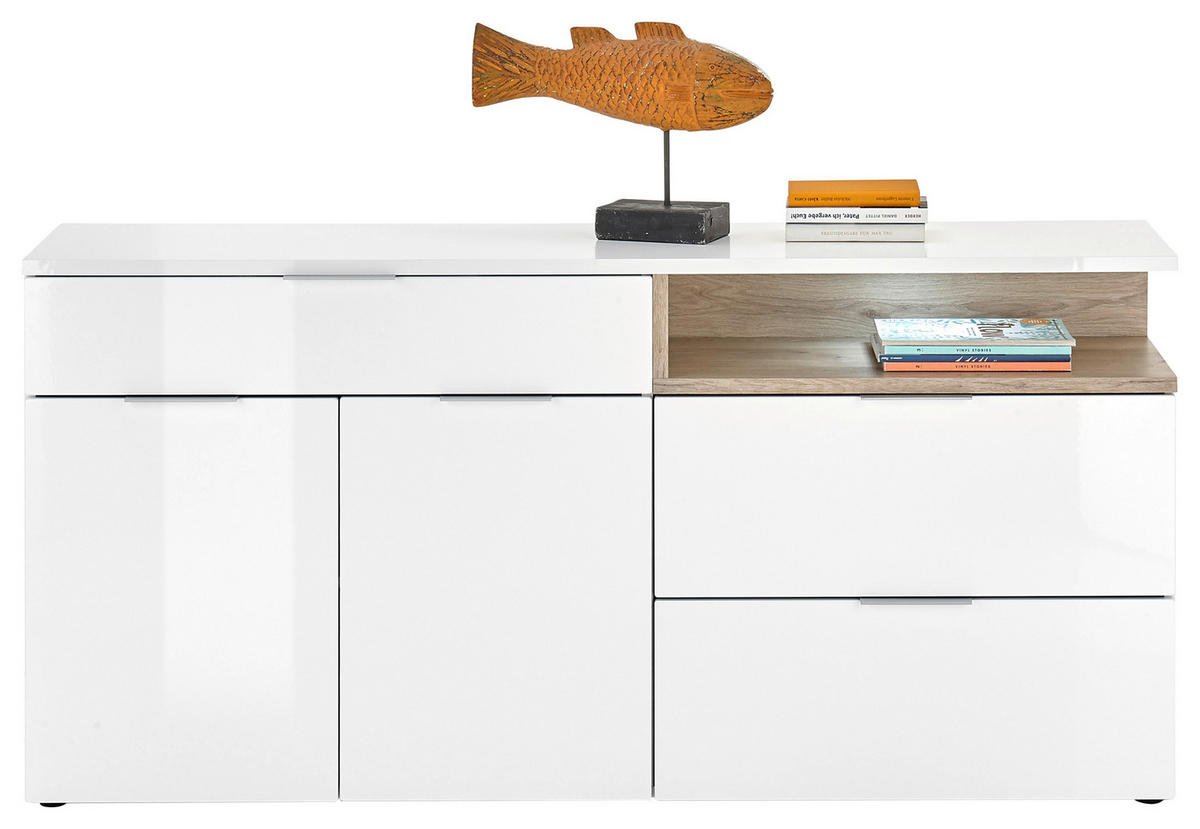 ŠIROKÁ KOMODA, farba duba, biela s vysokým leskom, 165/80/38 cm - čierna/biela s vysokým leskom, Basics, kompozitné drevo/plast (165/80/38cm)