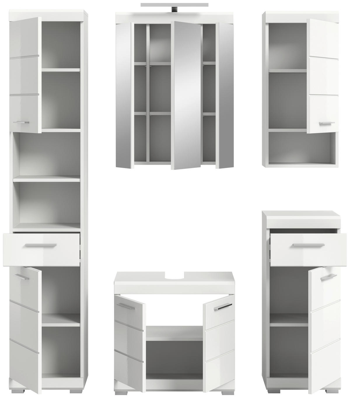 BADEZIMMER 5-teilig  in 134 cm  - Weiß Hochglanz/Silberfarben, MODERN, Glas/Holzwerkstoff (134cm) - MID.YOU