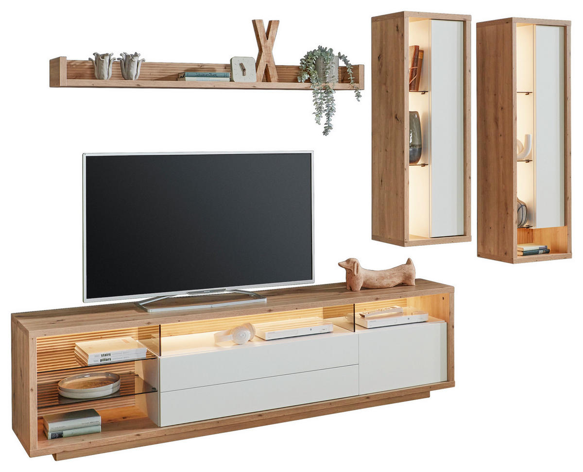 WOHNWAND  in Weiss, Eiche Artisan 300/183,6/42 cm  - Weiss/Eiche Artisan, Design, Glas/Holzwerkstoff (300/183,6/42cm) - Stylife