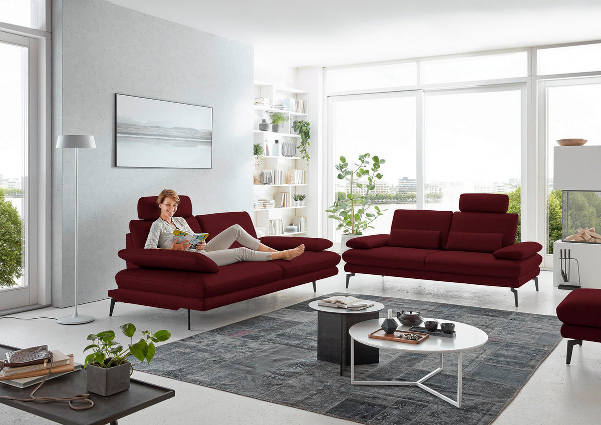 3-SITZER-SOFA in Echtleder Dunkelrot  - Schwarz/Dunkelrot, Design, Leder/Metall (222/86/104cm) - Dieter Knoll