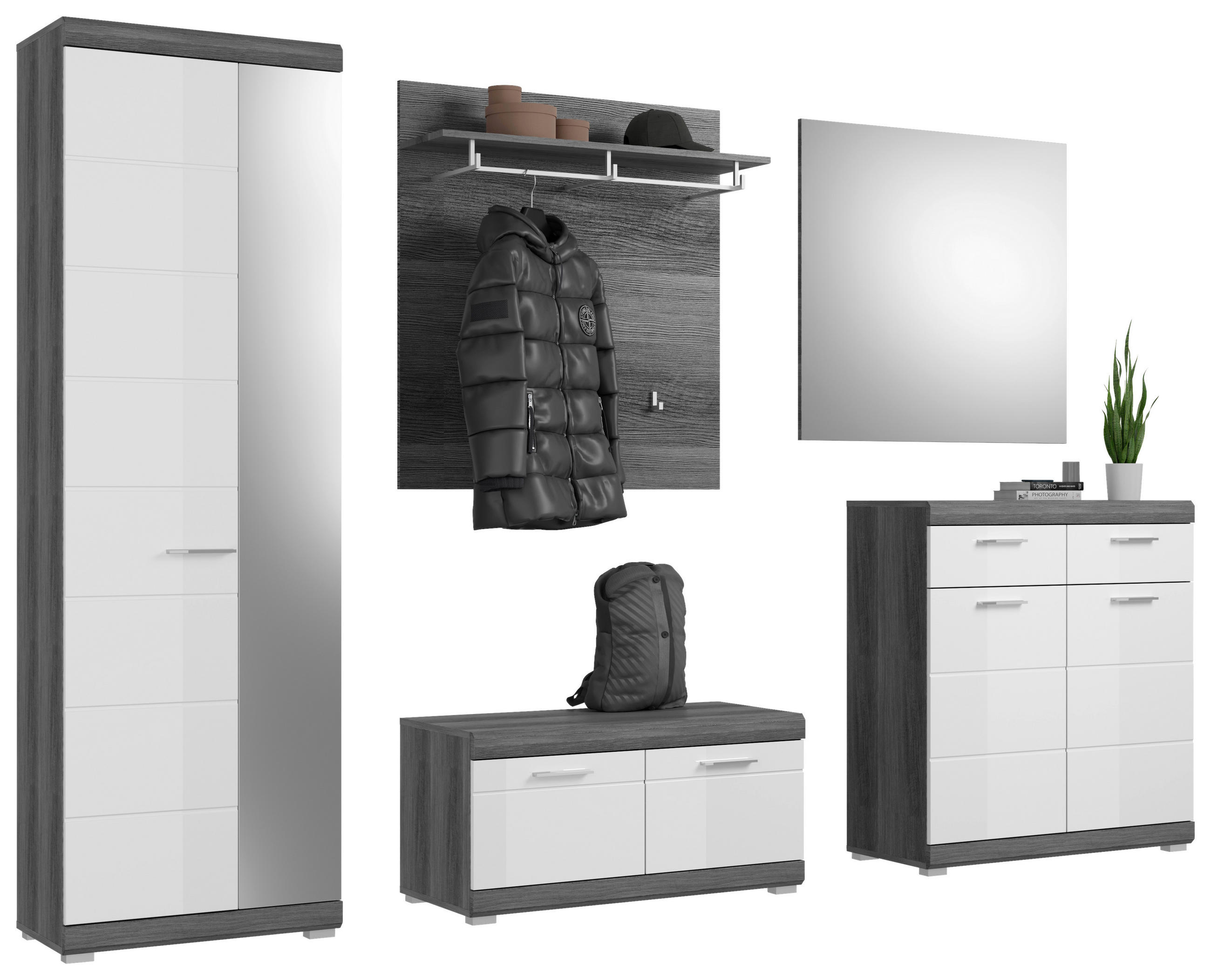 GARDEROBE 5-teilig in 272/197/40 cm - Dunkelgrau/Weiß Hochglanz, Design, Glas/Holzwerkstoff (272/197/40cm) - MID.YOU
