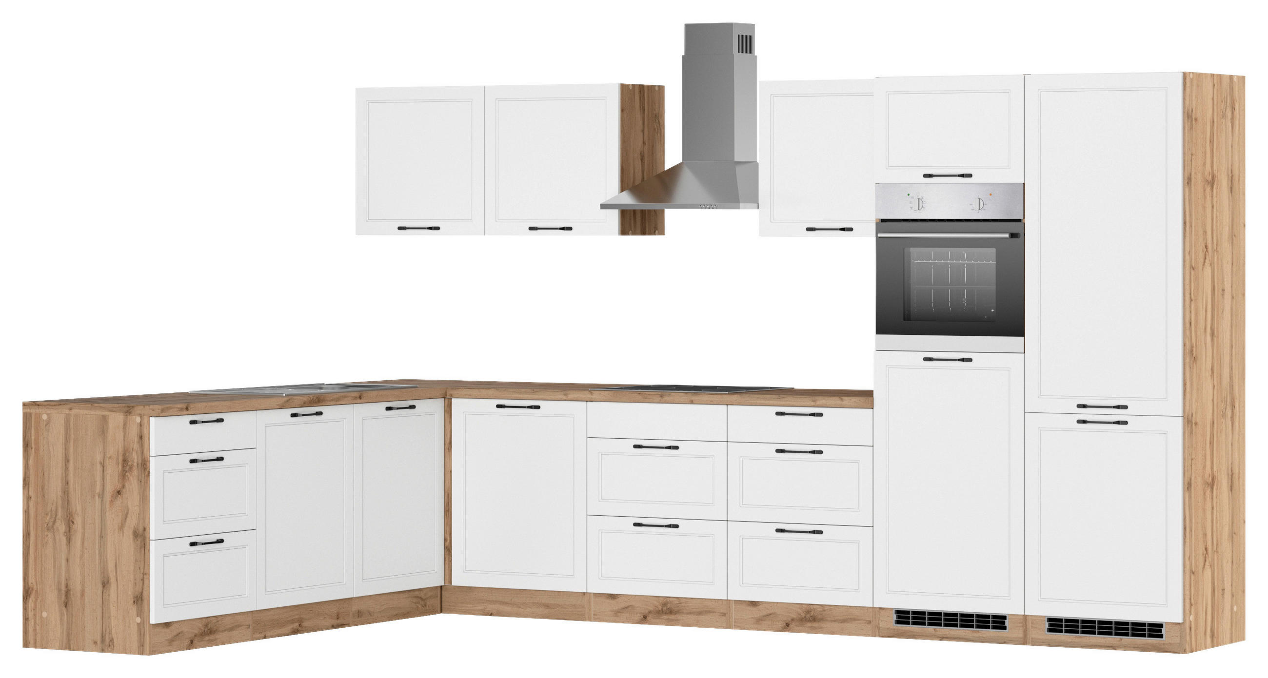 Thumbnail - Held Eckküche Meran, Weiß, Eiche Wotan, Metall, 2 Schublade(n),8 Schublade(n) Schubladen, seitenverkehrt montierbar, L-F...