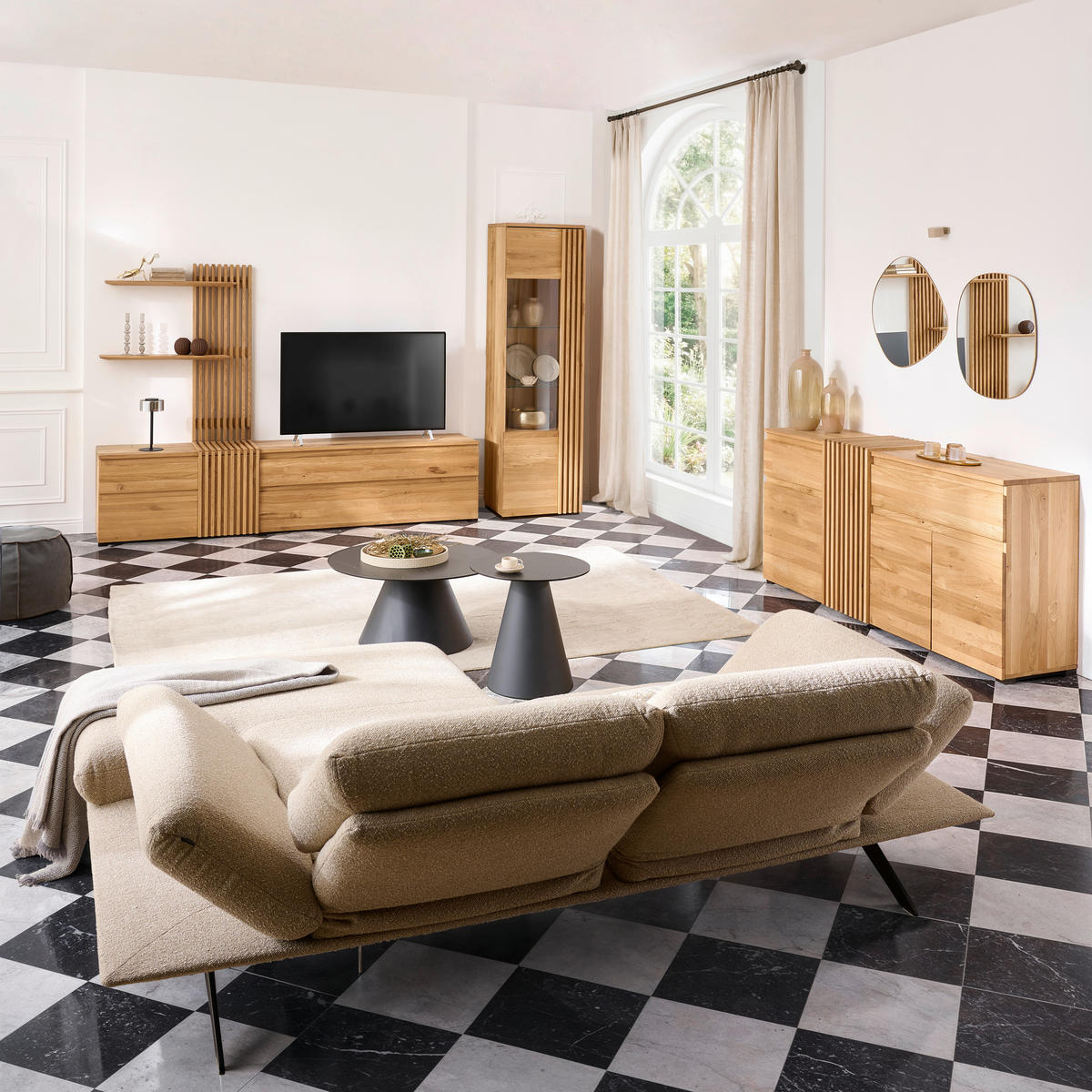 WOHNWAND  in Eichefarben  248,8/175,3/44 cm  - Eichefarben/Schwarz, Natur, Holz (248,8/175,3/44cm) - Linea Natura