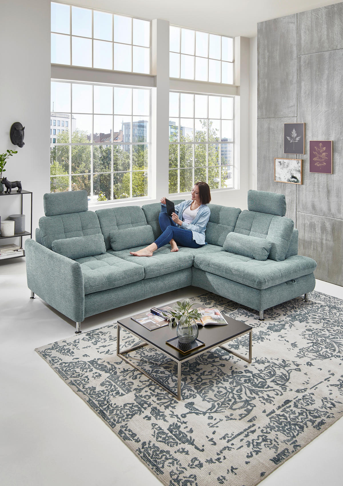 ECKSOFA in Webstoff Türkis  - Türkis/Chromfarben, Konventionell, Textil/Metall (242/210cm) - Beldomo Style