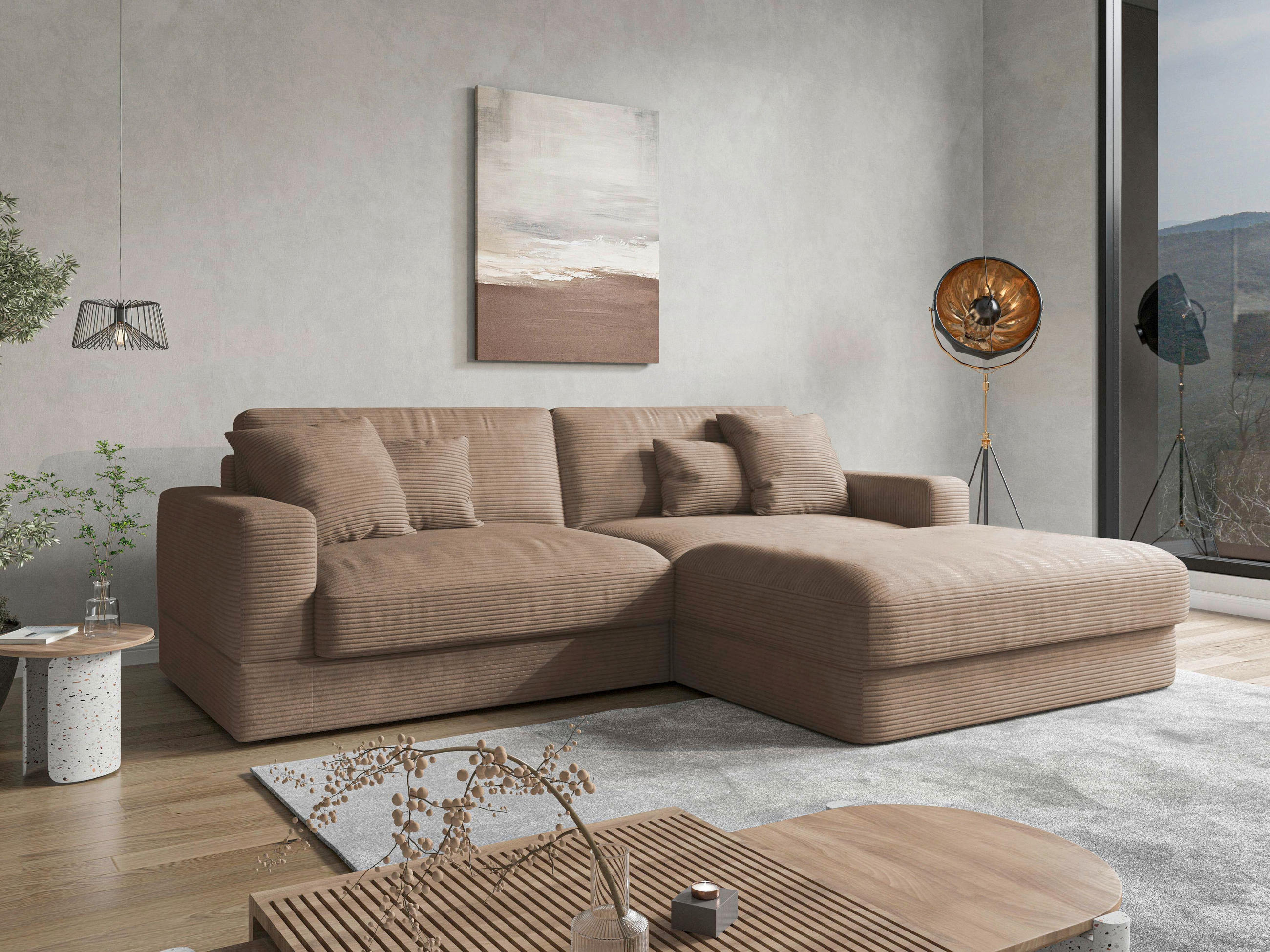 ECKSOFA FABIO E Sandfarben Cord  - Sandfarben/Schwarz, MODERN, Kunststoff/Textil (264/196cm) - Sit & More