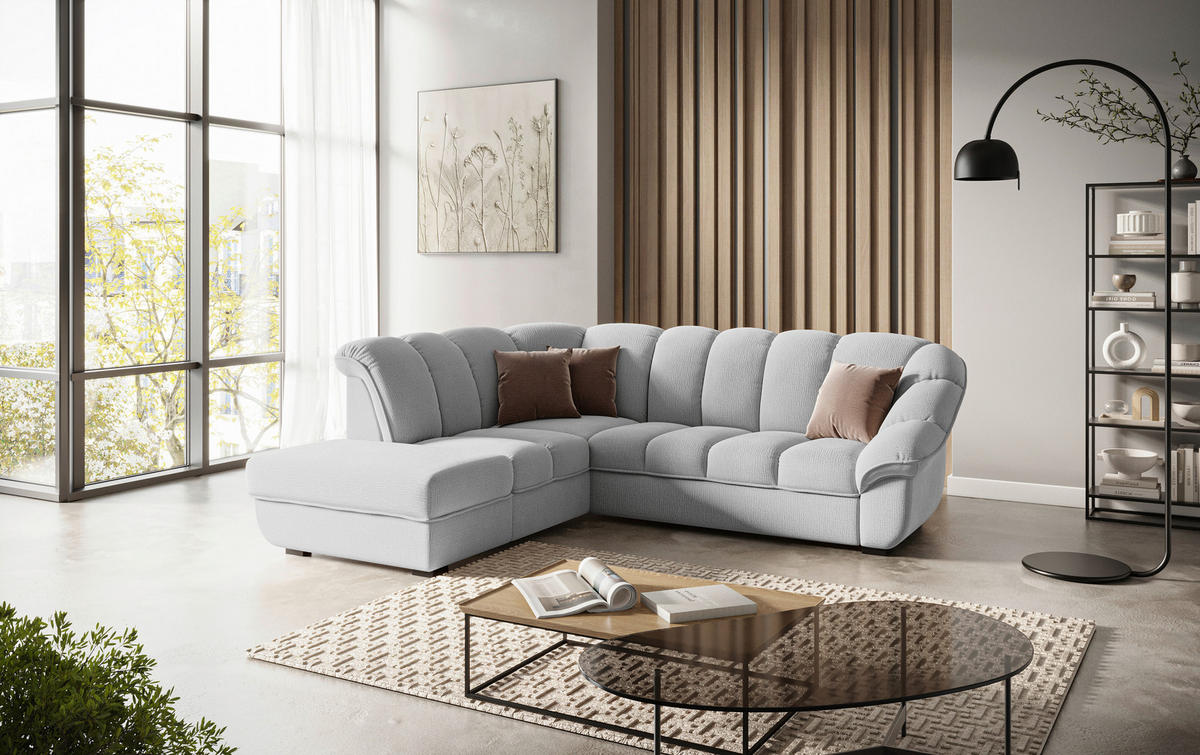 ECKSOFA Hellgrau Chenille Bettkasten, Schlaffunktion, Rücken echt  - Hellgrau/Schwarz, KONVENTIONELL, Kunststoff/Textil (222/260cm) - Welnova