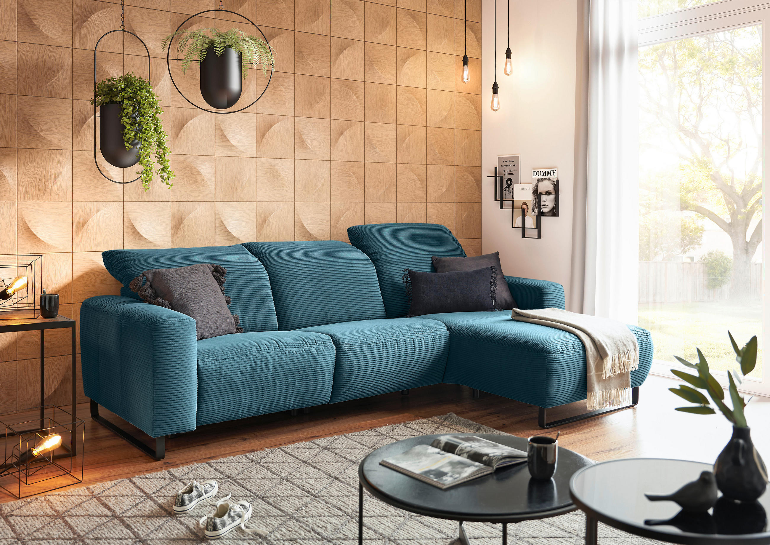 ECKSOFA in Cord Petrol  - Petrol/Schwarz, Konventionell, Textil/Metall (266/180cm) - Hom`in