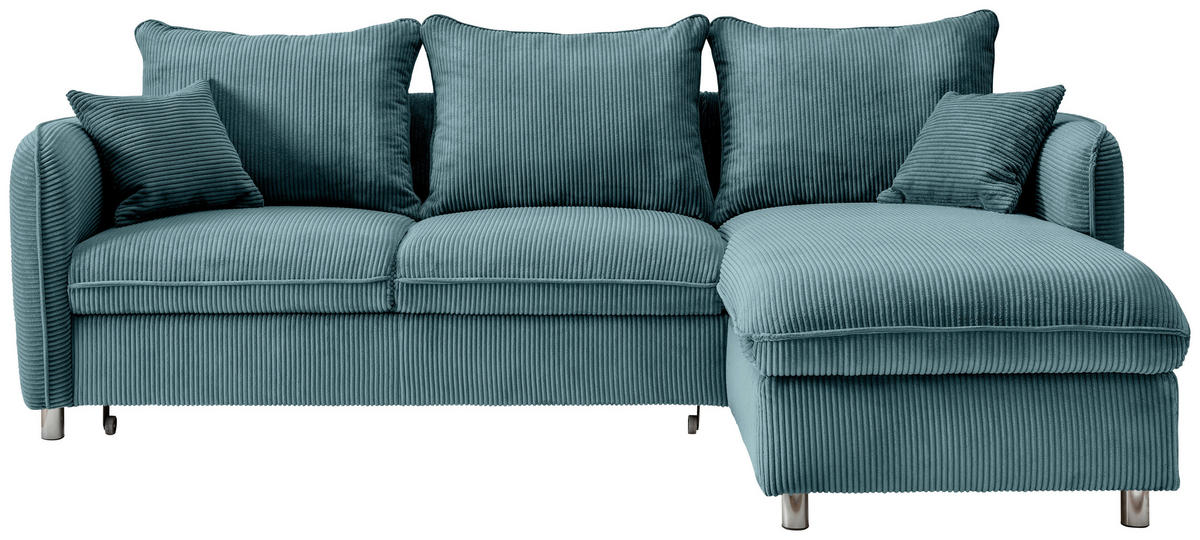 ECKSCHLAFSOFA in Cord Petrol  - Chromfarben/Petrol, Modern, Textil/Metall (254/160cm) - Livetastic