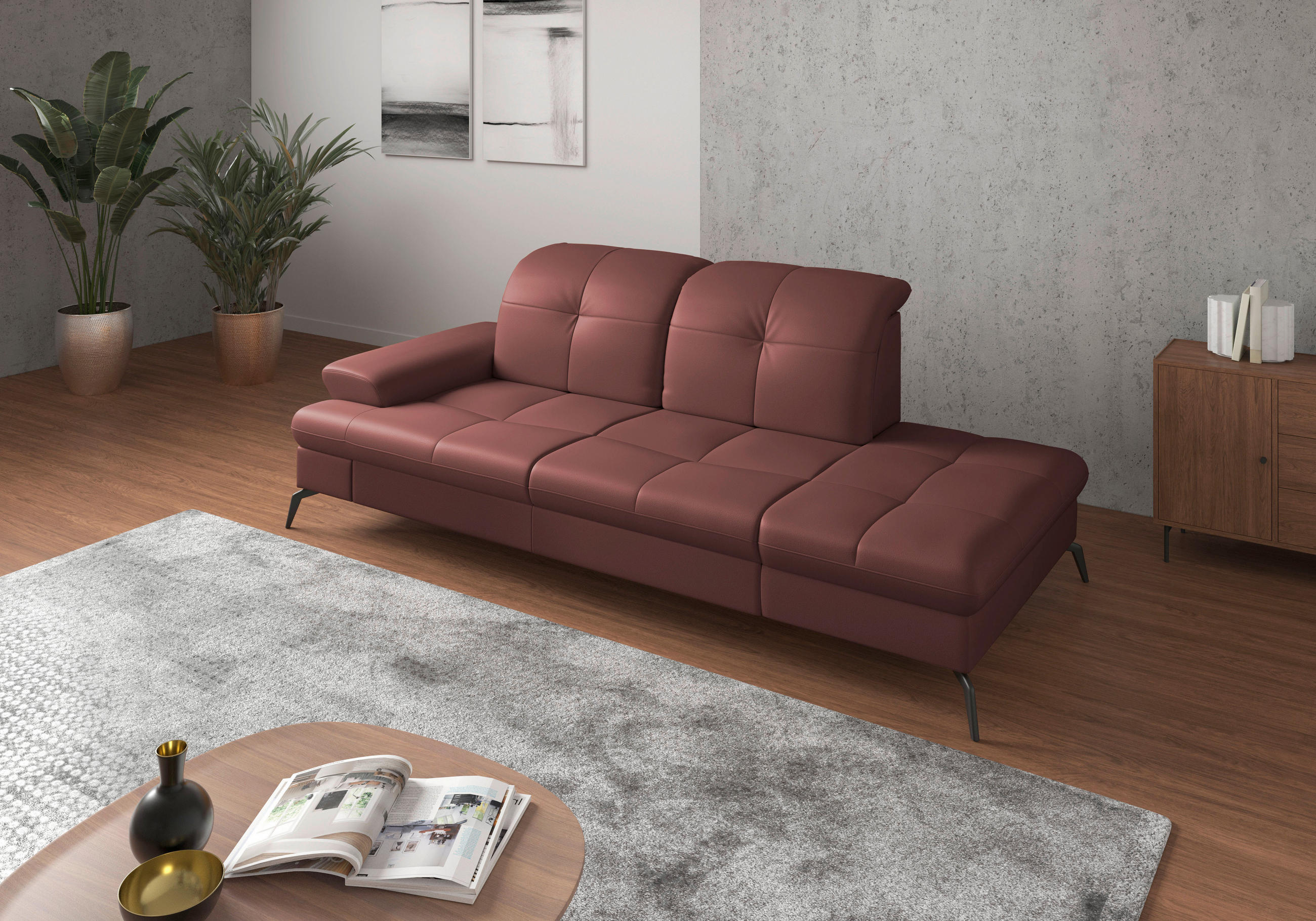 RÉCAMIERE Rotbraun Echtleder  - Rotbraun/Schwarz, KONVENTIONELL, Leder/Metall (231/90/122cm) - Sit & More