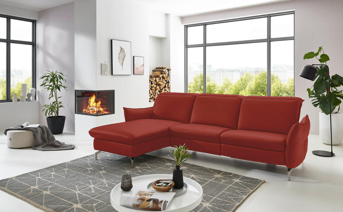 ECKSOFA Lederlook (vegan) Rot  - Rot/Nickelfarben, Modern, Textil/Metall (179/263cm) - Livetastic
