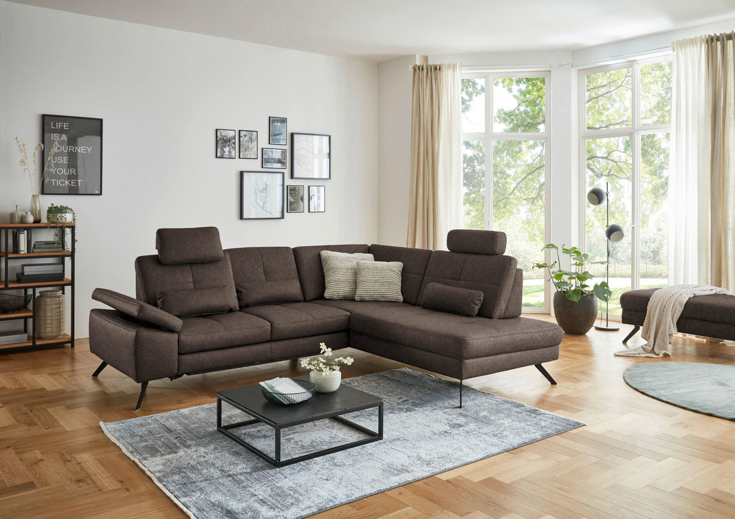 ECKSOFA in Lederlook, Mikrofaser Dunkelbraun  - Dunkelbraun/Schwarz, Design, Textil/Metall (261/220cm) - Beldomo System