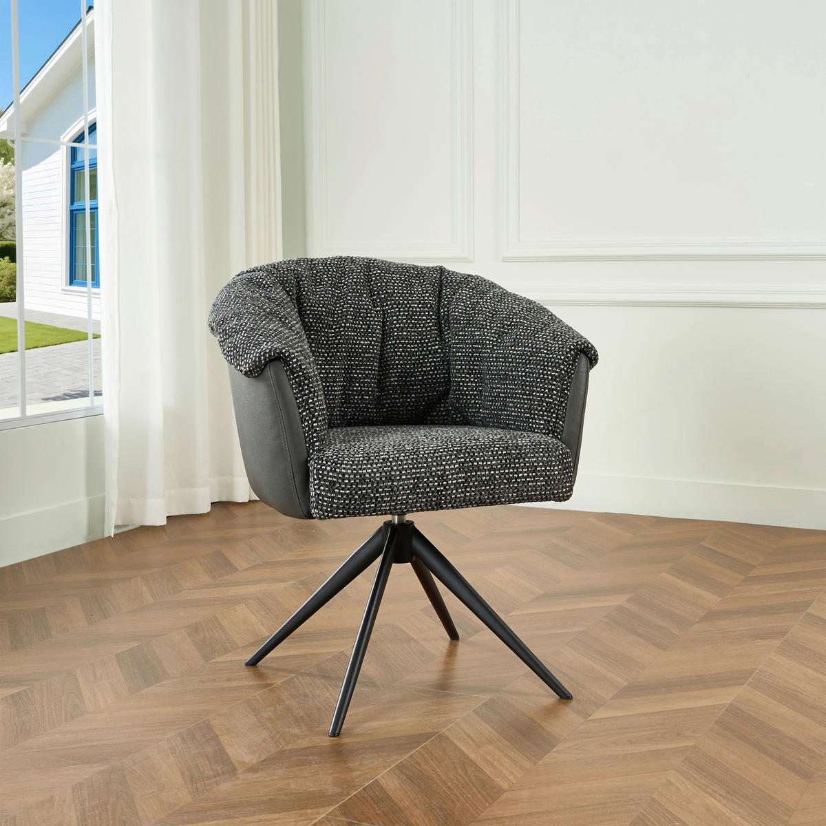 ARMLEHNSTUHL , Stoffauswahl, Sitzfläche 180° drehbar , Webstoff  - Dunkelgrau/Schwarz, Design, Textil/Metall (69/80/68cm) - Novel