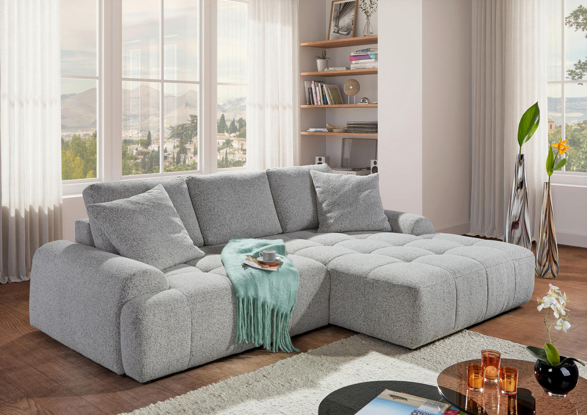 Ecksofa mit Funktion Greige Flachgewebe Zierkissen, Rückenkissen, Bettkasten, Schlaffunktion, Rücken echt, Liegefläche im Originalstoff  - Greige/Schwarz, KONVENTIONELL, Kunststoff/Textil (277/190cm) - Carryhome
