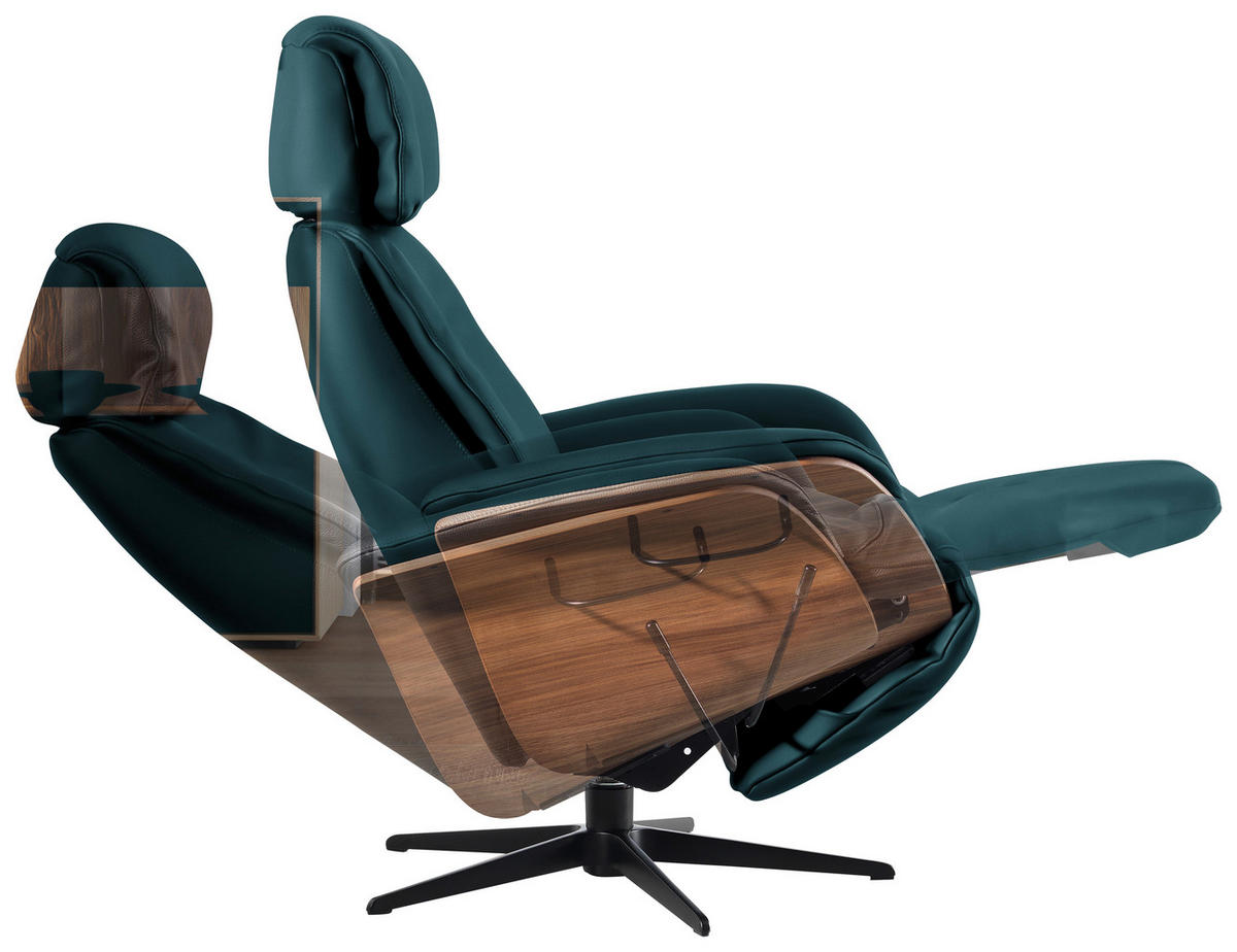 RELAXSESSEL Echtleder Relaxfunktion, Kopfteilverstellung    - Blau/Nussbaumfarben, Design, Leder/Holz (78/104-113/84cm) - Welnova