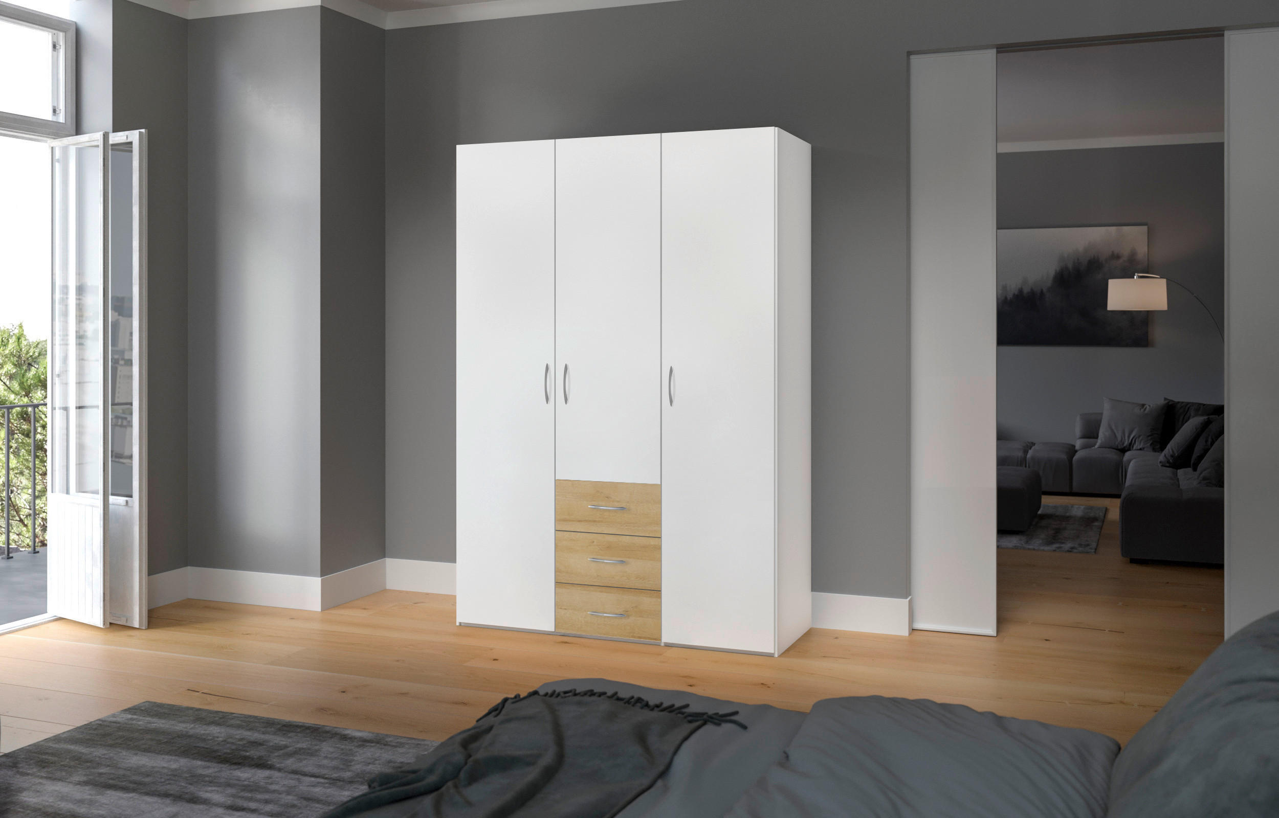 KLEIDERSCHRANK 152/215/59 cm 3-türig Weiß, Eichefarben - Eichefarben/Silberfarben, Design, Holzwerkstoff (152/215/59cm) - Boxxx