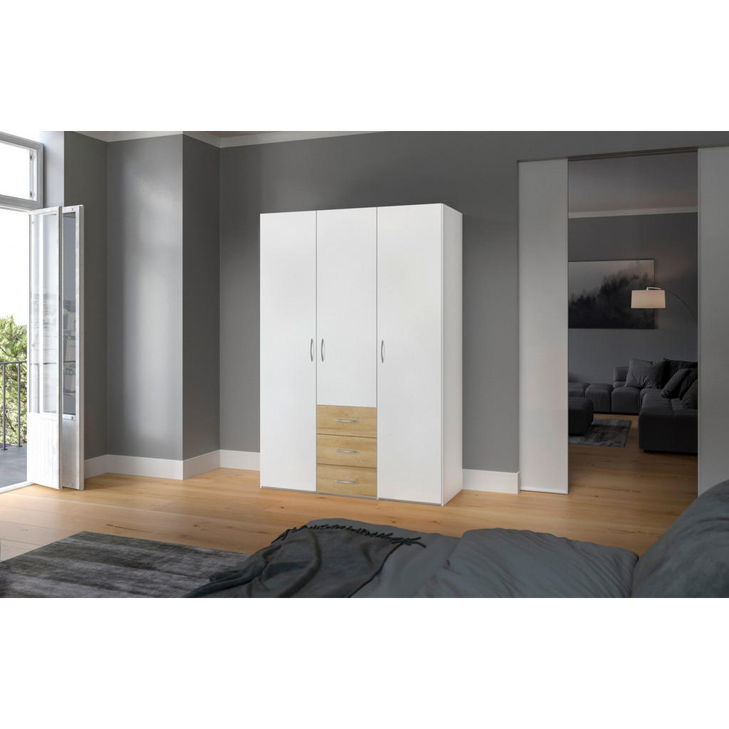 Thumbnail - Boxxx Kleiderschrank, Weiß, Eiche, Holzwerkstoff, 2 Fächer, 3 Schubladen, 152x215x59 cm, erweiterbar, Beimöbel erhältlic...