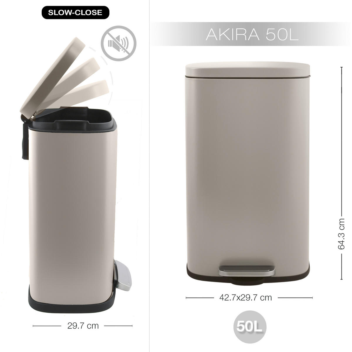 TRETEIMER 50 L  - Taupe/Schwarz, Basics, Kunststoff/Metall (42,7/29,7/64,3cm) - Spirella
