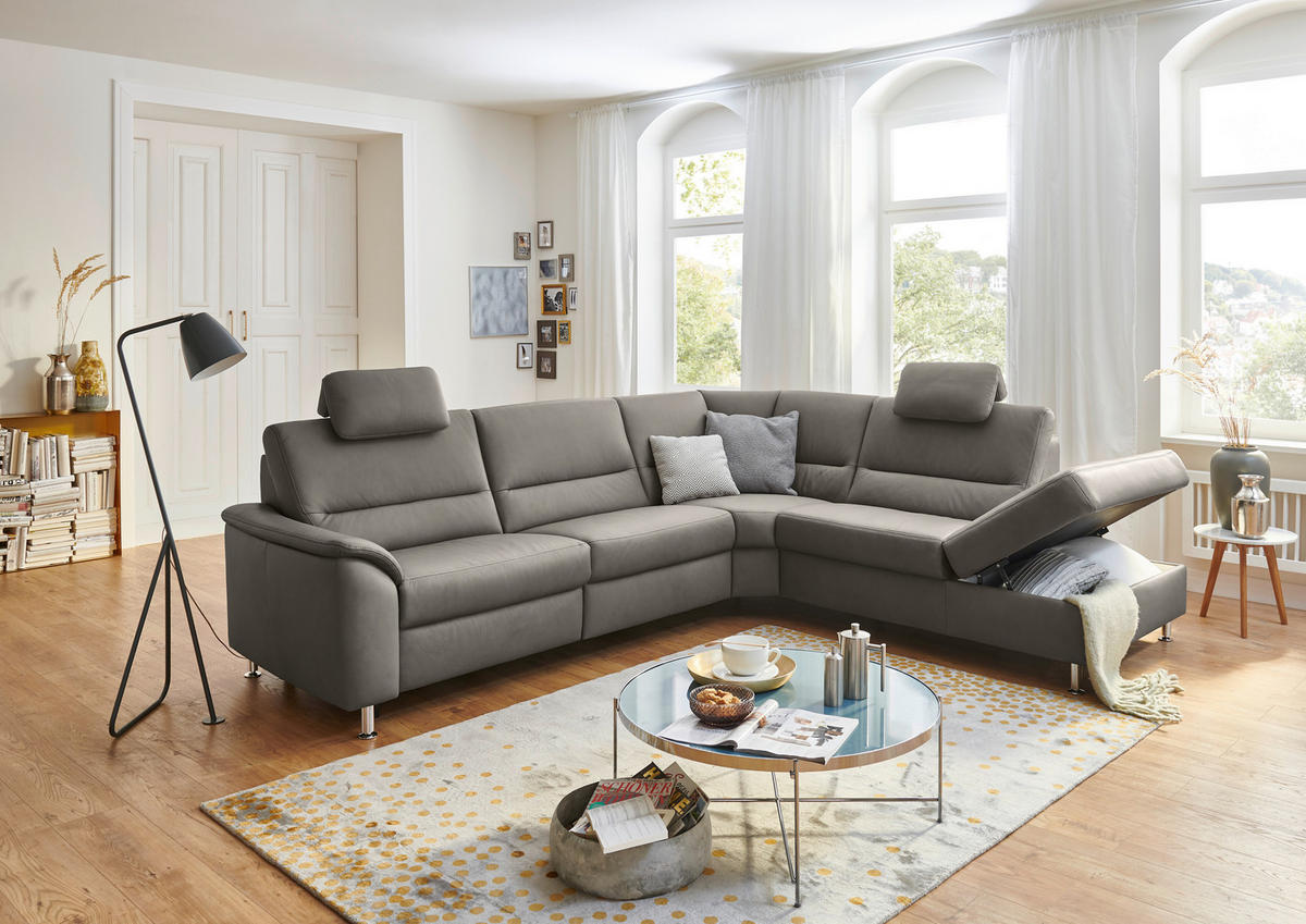 ECKSOFA in Echtleder Grau  - Alufarben/Grau, Konventionell, Leder/Metall (290/249cm) - Beldomo Premium
