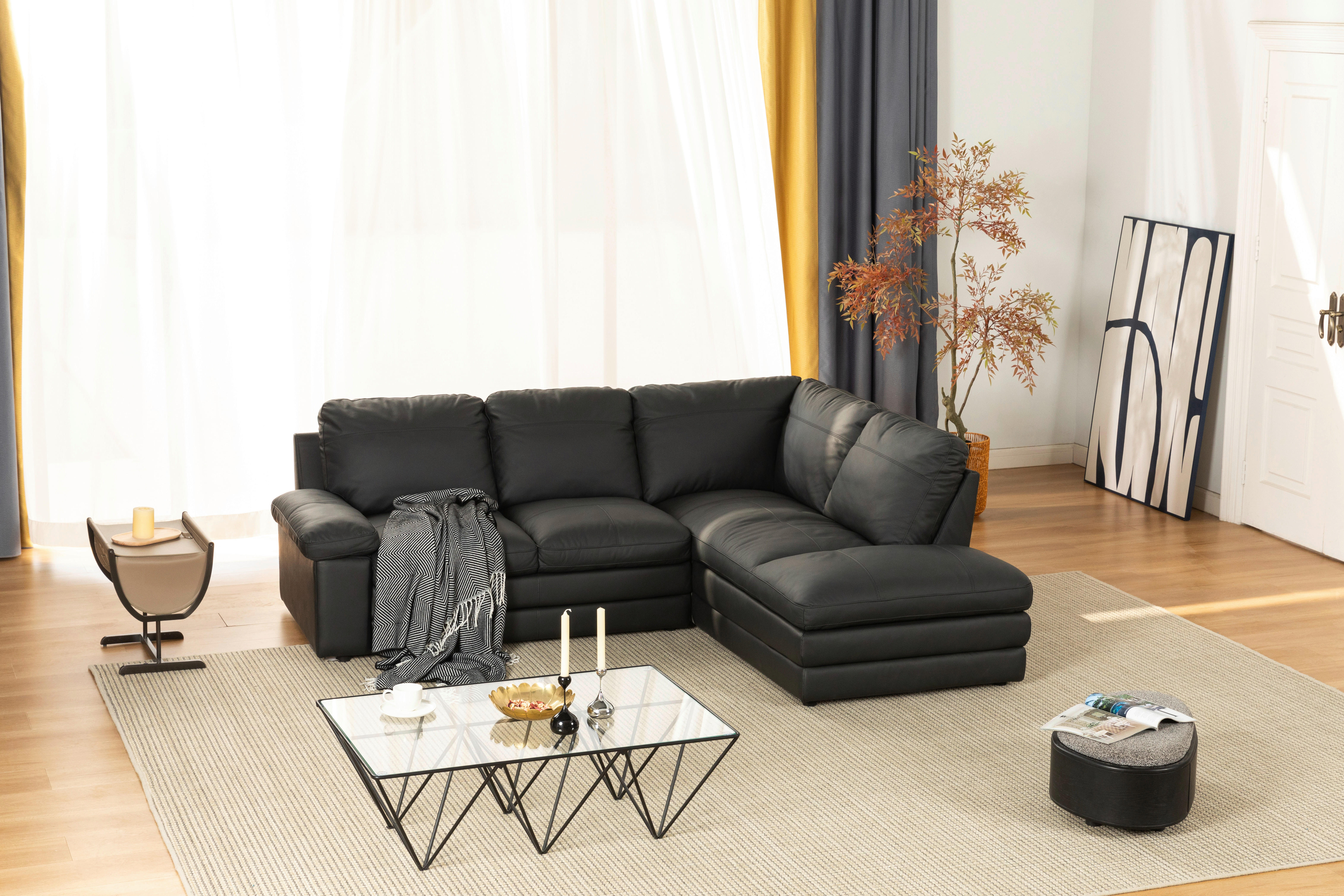 ECKSOFA in Echtleder Schwarz  - Schwarz, Konventionell, Leder/Kunststoff (230/191cm) - MID.YOU