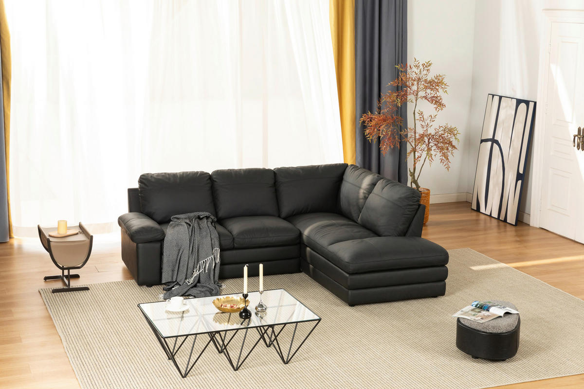 ECKSOFA in Echtleder Schwarz  - Schwarz, Konventionell, Leder/Kunststoff (230/191cm) - MID.YOU