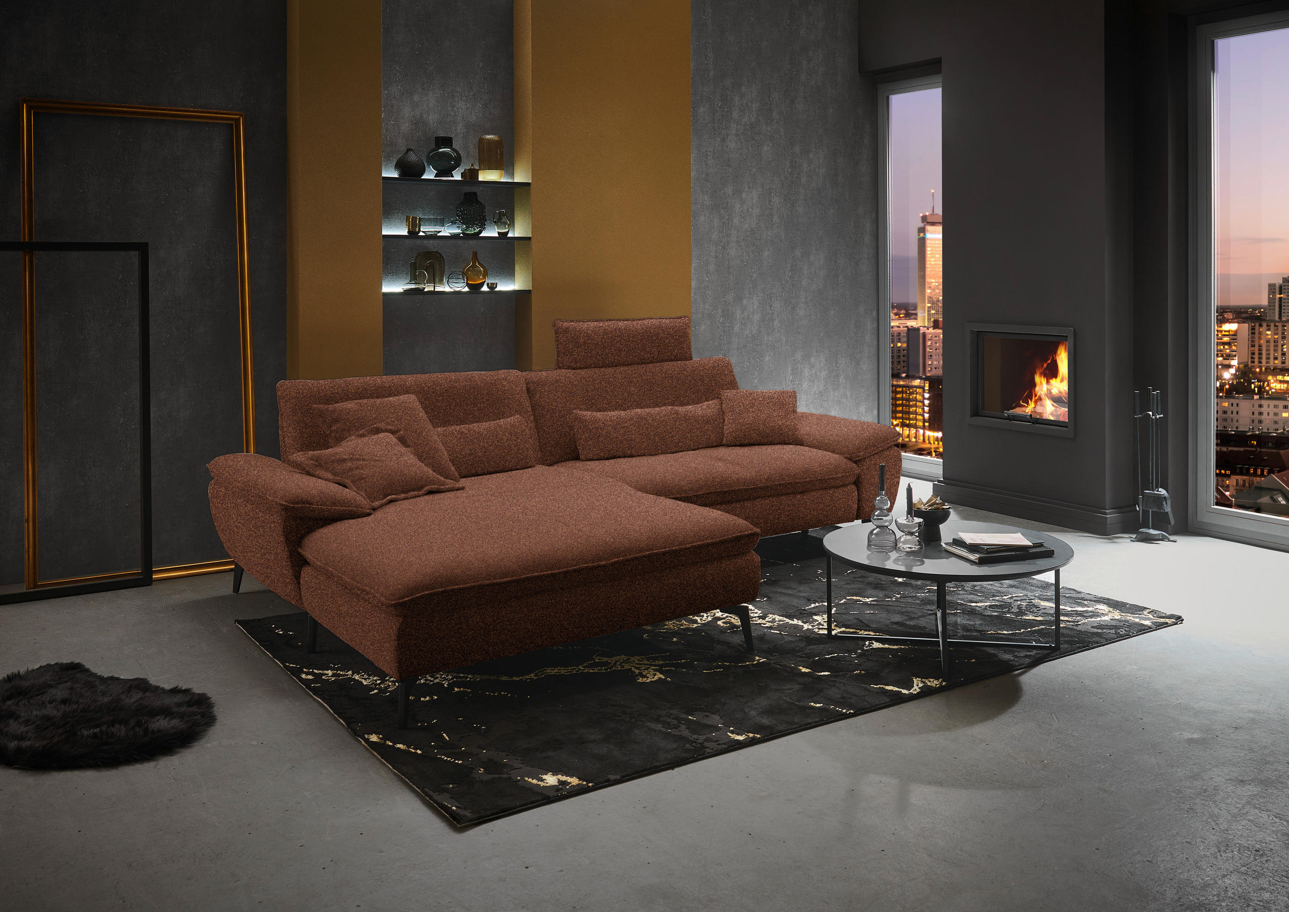 ECKSOFA in Webstoff Rostfarben  - Rostfarben/Schwarz, Design, Textil/Metall (197/295cm) - Valdera