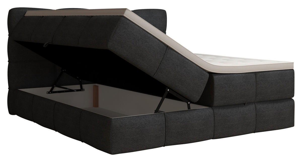 BOXSPRINGBETT 180/200 cm,  in Dunkelgrau, gepolstertes Kopfteil, Bettkasten, Topper, Matratzen, H3 + H3 = fest  - Dunkelgrau/Schwarz, Design, Kunststoff/Textil (180/200cm) - Chameo