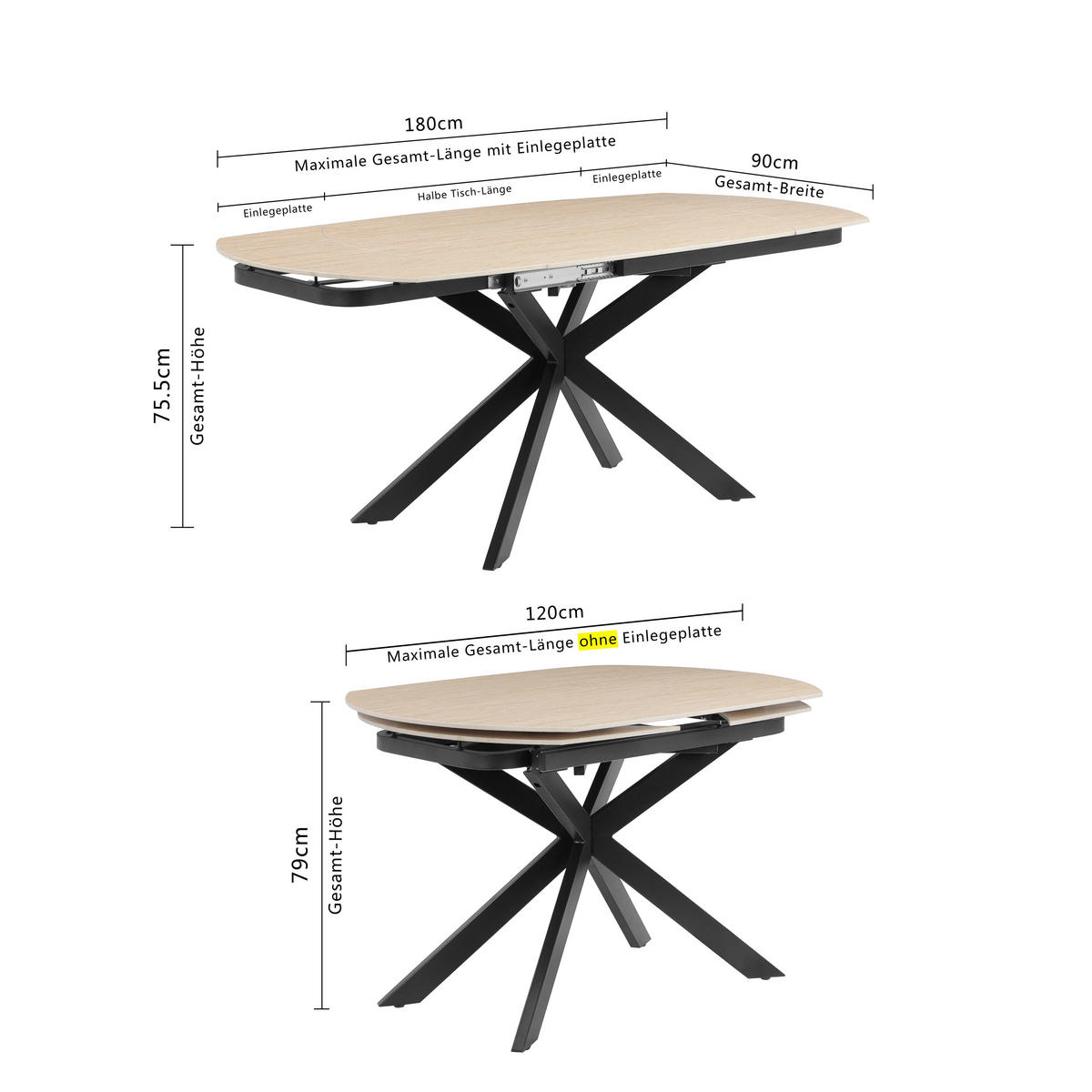 ESSTISCH 120-180/90/75.5-79 cm  Metall, Stein ausziehbar oval Schwarz, Beige  - Beige/Schwarz, MODERN, Stein/Metall (120-180/90/75.5-79cm) - P & B
