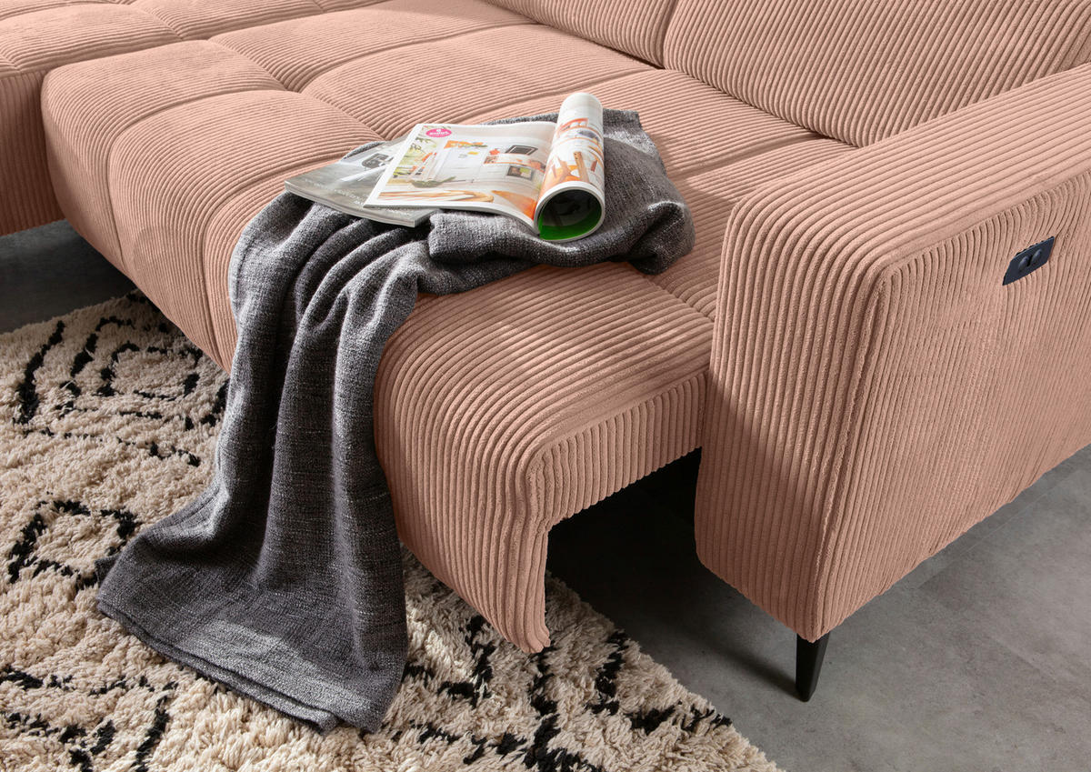 ECKSOFA Altrosa Cord Rücken echt, Kopfteilverstellung, Sitzvorzug  - Schwarz/Altrosa, KONVENTIONELL, Textil/Metall (170/257cm) - Carryhome