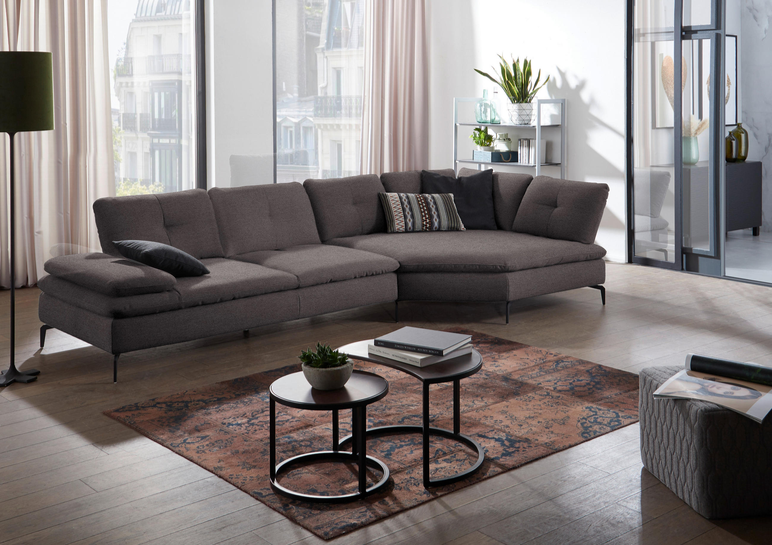 ECKSOFA in Flachgewebe Graphitfarben  - Schwarz/Graphitfarben, Design, Textil/Metall (344/157cm) - Chilliano