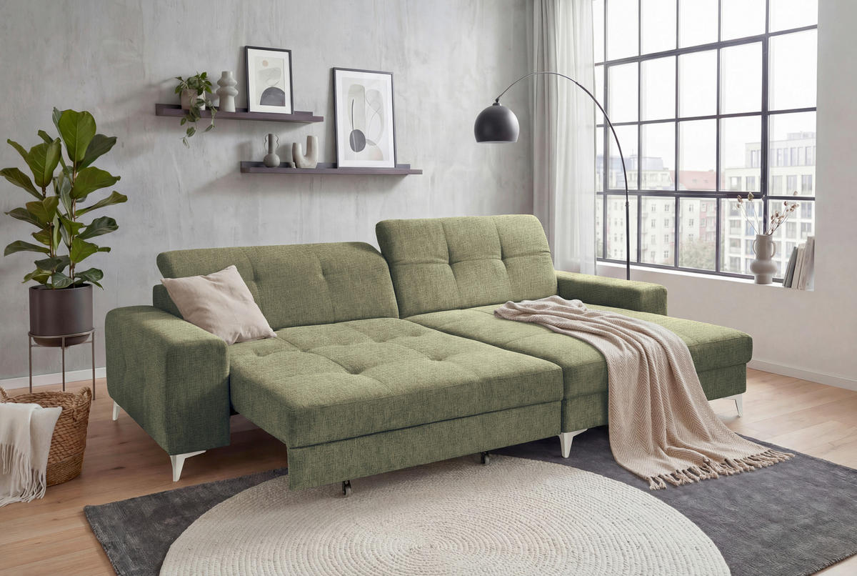 ECKSOFA SORELLA Dunkelgrün Chenille Kopfteilverstellung, Sitztiefenverstellung  - Kaschmir/Dunkelgrün, Design, Kunststoff/Textil (328/182cm) - MID.YOU