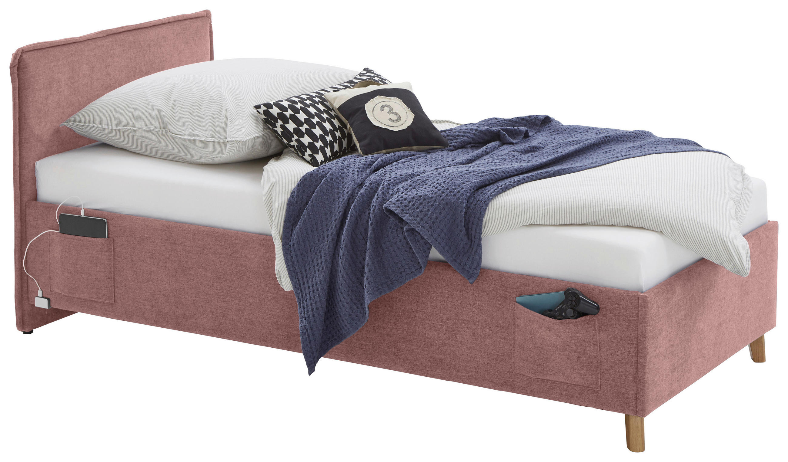 POLSTERBETT Lattenrost, Bettkasten 90/200 cm  in Rosa  - Eichefarben/Birkefarben, KONVENTIONELL, Holz/Textil (90/200cm) - Stylife