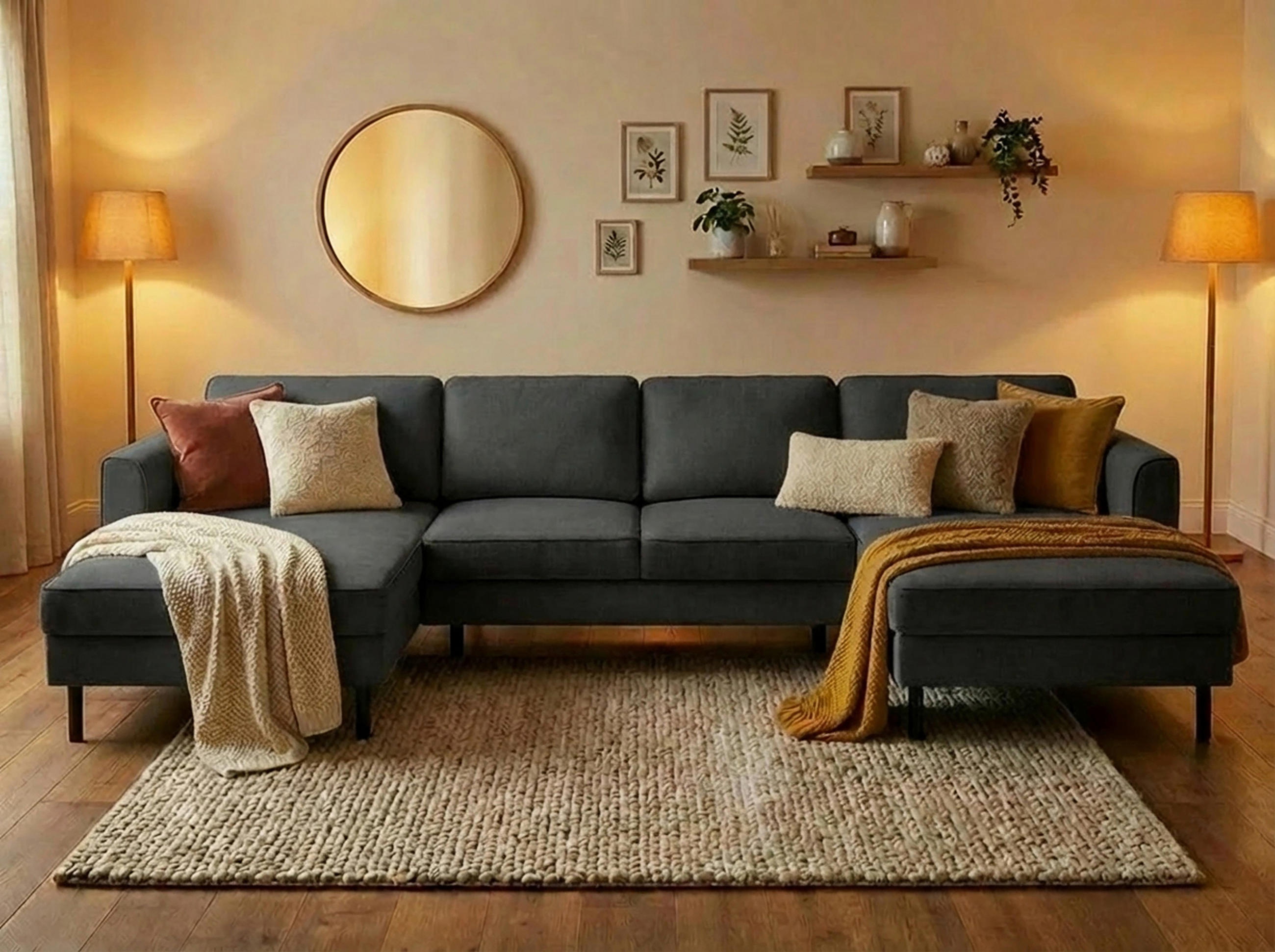 WOHNLANDSCHAFT Struktur Anthrazit  - Anthrazit/Schwarz, Modern, Textil/Metall (161/306/161cm) - Trendmanufaktur