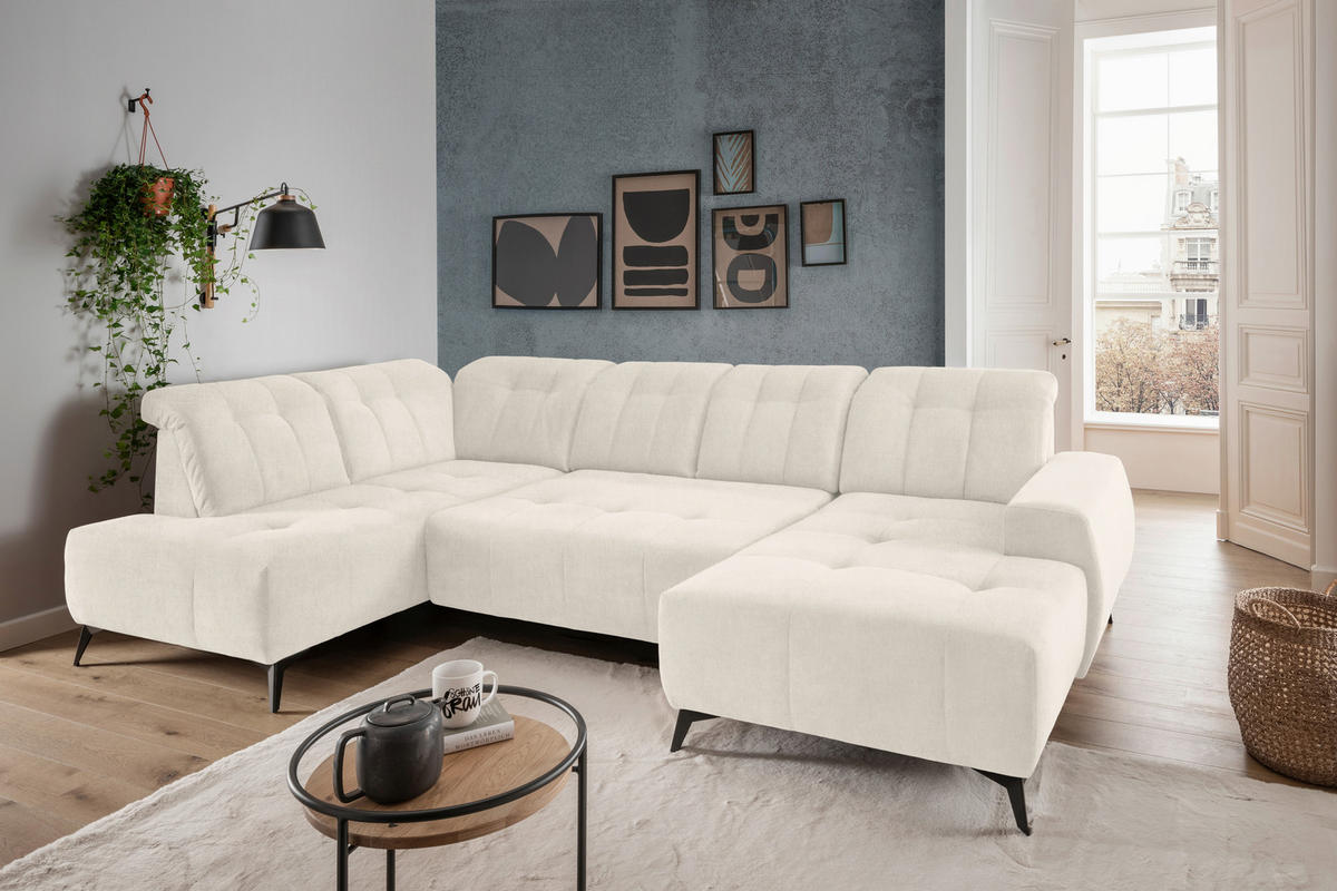 WOHNLANDSCHAFT Creme Mikrofaser  - Creme/Schwarz, MODERN, Textil/Metall (200/337/180cm) - Livetastic