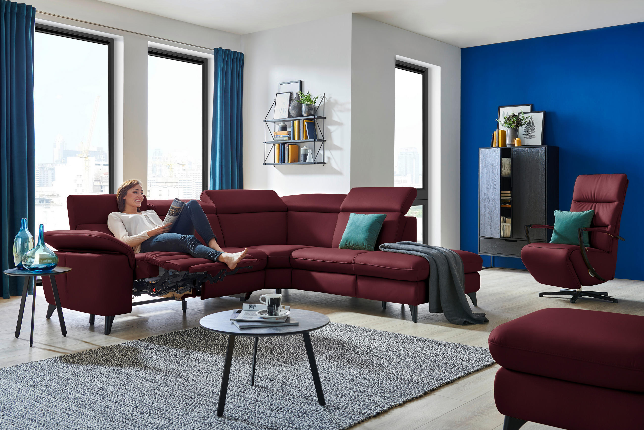 ECKSOFA in Echtleder Weinrot  - Weinrot/Schwarz, Design, Leder/Metall (285/239cm) - Cantus