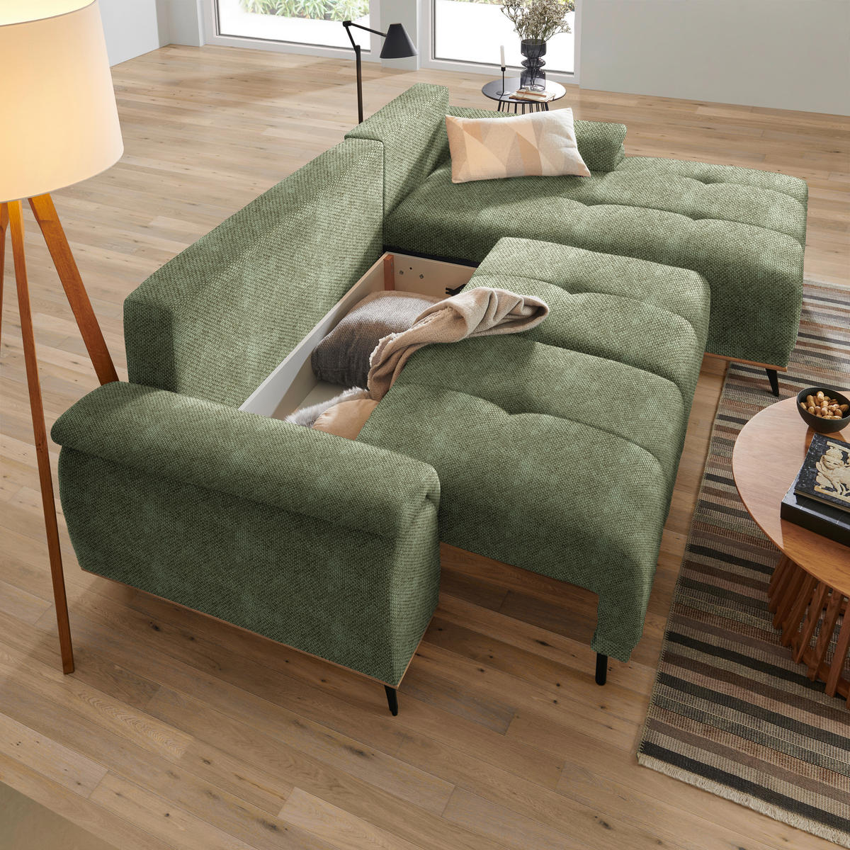 ECKSOFA in Struktur Olivgrün  - Schwarz/Olivgrün, Modern, Textil/Metall (262/168cm) - home24