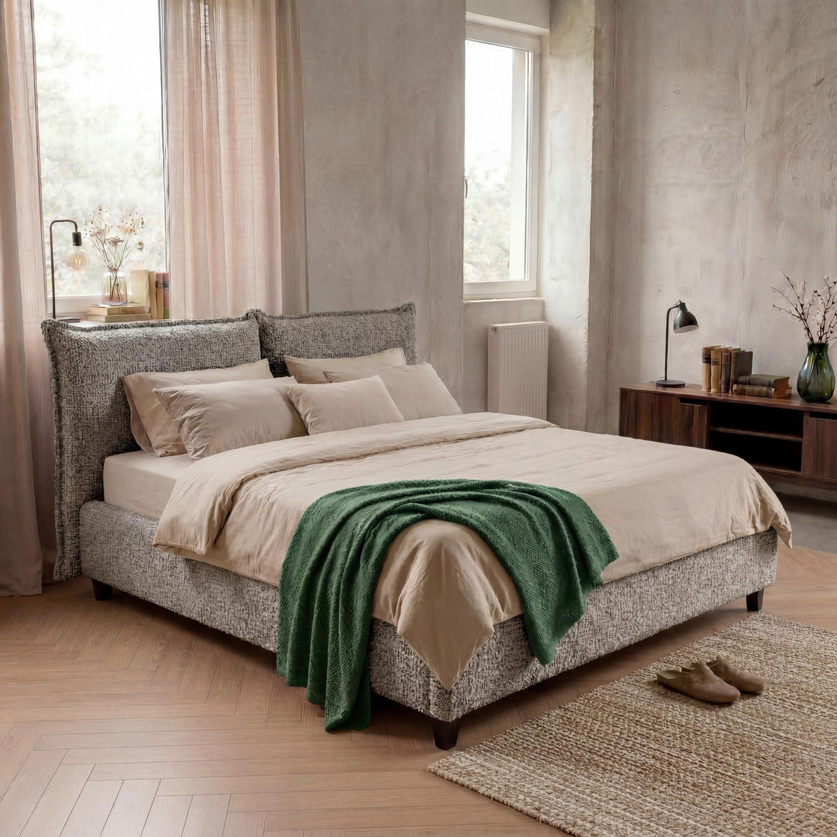 POLSTERBETT 180/200 cm,  in Beigebraun, gepolstertes Kopfteil, Lattenrost, Bettkasten,  - Beigebraun/Schwarz, MODERN, Holz/Textil (180/200cm) - Livetastic